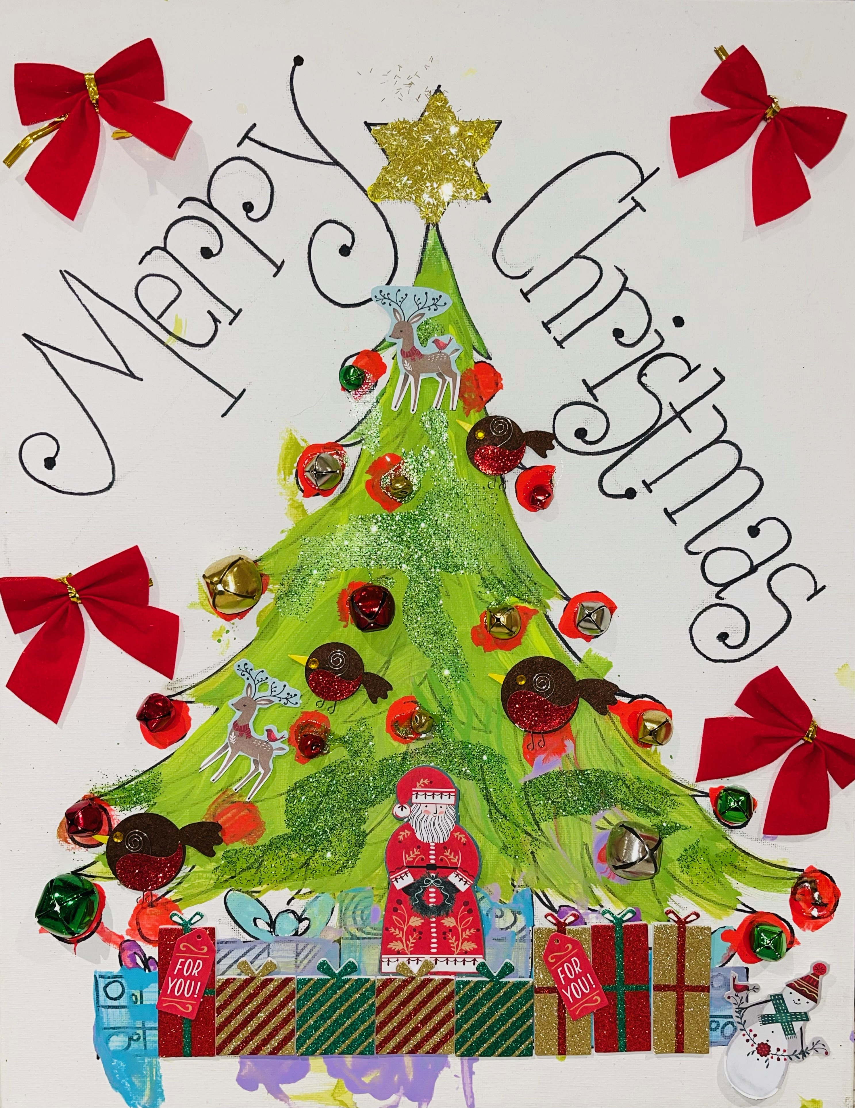 Aueriela Saunders' Christmas card entry. It features a Christmas tree and Father Christmas.