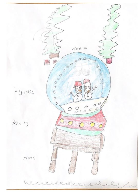 Cian M's Christmas card entry. It features a snow globe with snowmen inside.