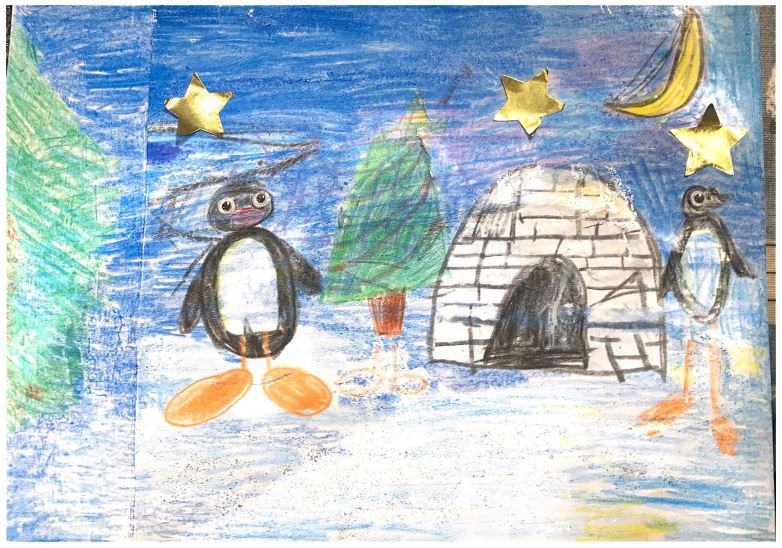 Genevieve Treacher's Christmas card entry. It features penguins stood next to their igloo.