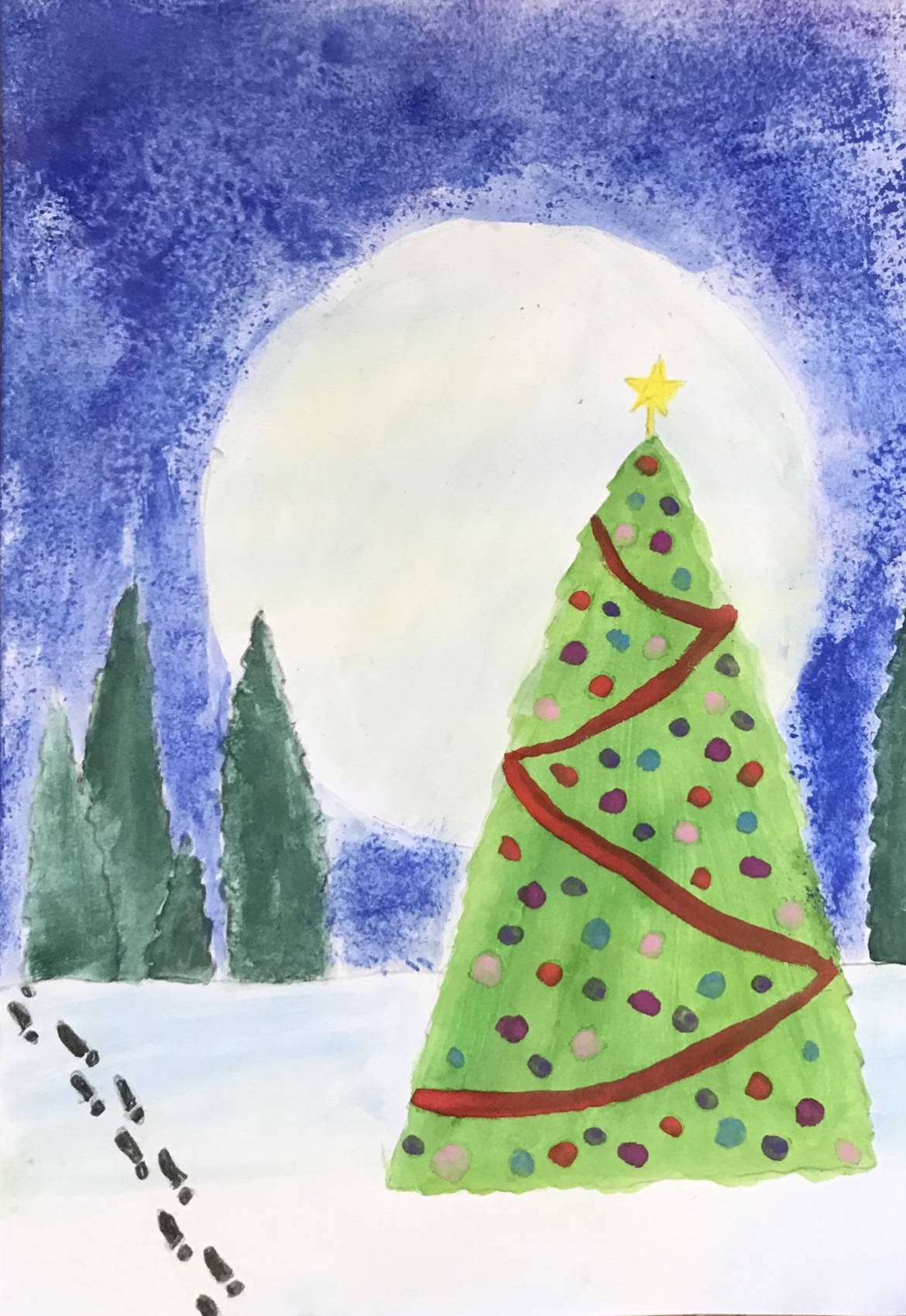 James Langland's Christmas card entry. It features a Christmas tree in front of a large full moon.