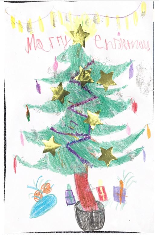 Pierce Treacher's Christmas card entry. It features a a large Christmas tree.