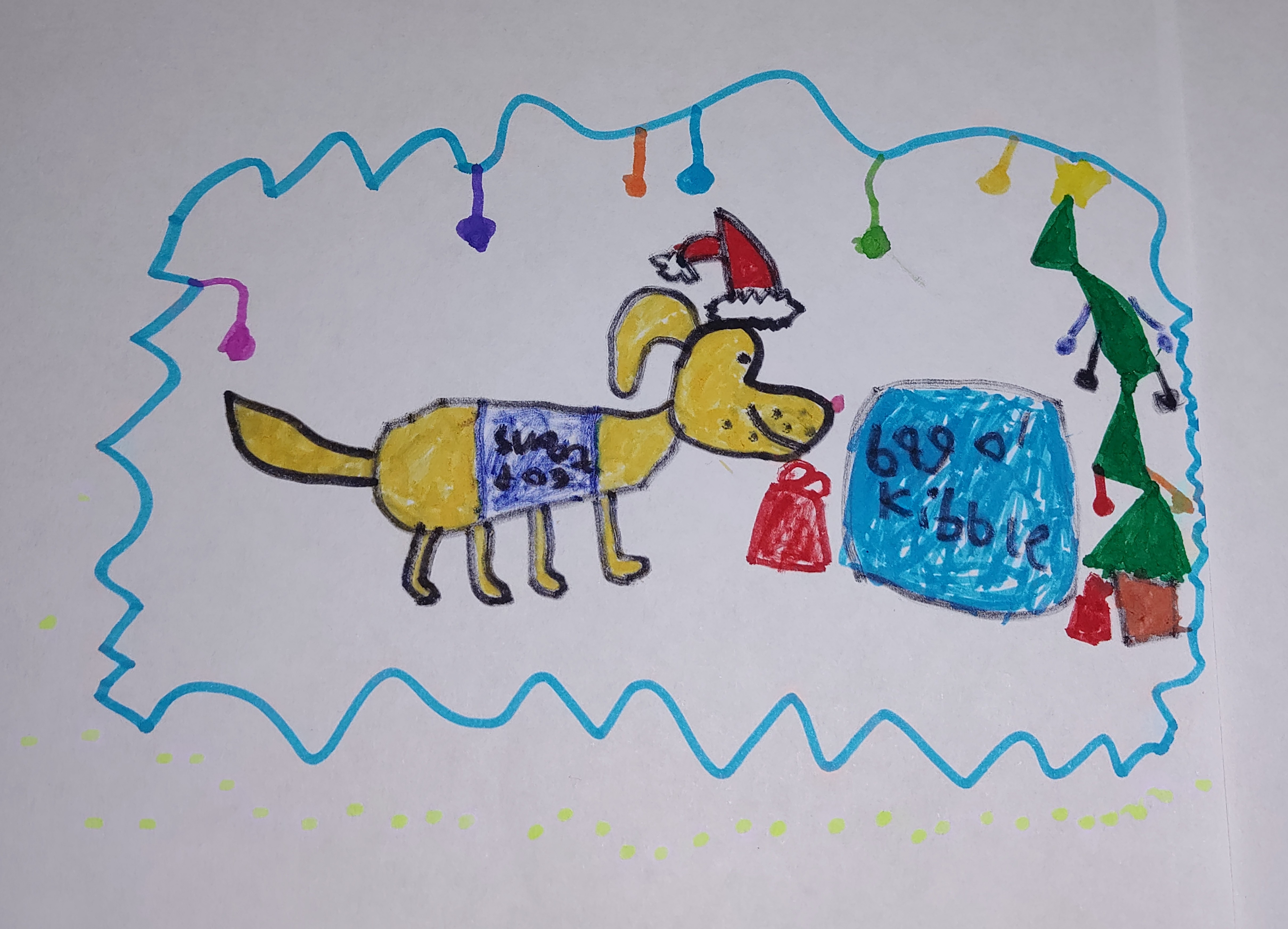 Thomas Cross' Christmas card entry. It features Thomas' dog in a Christmas hat with its present: a bag of kibble.